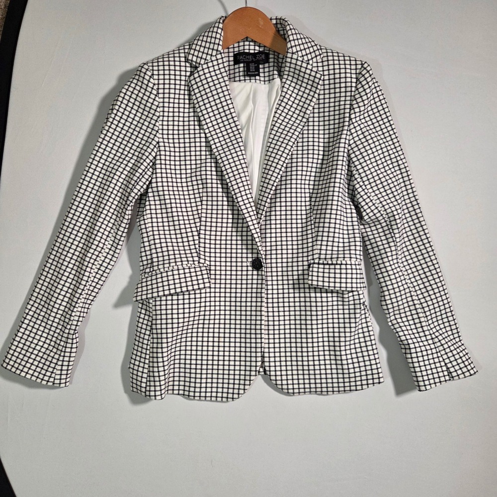 Rachel Zoe Blazer Jacket Womens XS White Black Check Single Breasted Polyester - Picture 1 of 13